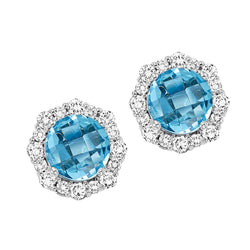 Silver with round Blue Topaz and Diamond Earrings